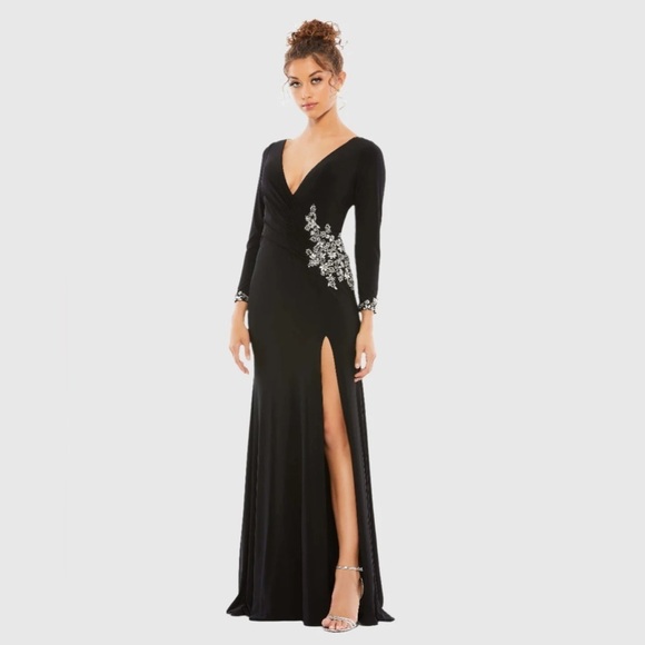 Mac Duggal 41016 NWT Floral Embellished Faux Wrap Jersey Gown - Picture 1 of 8